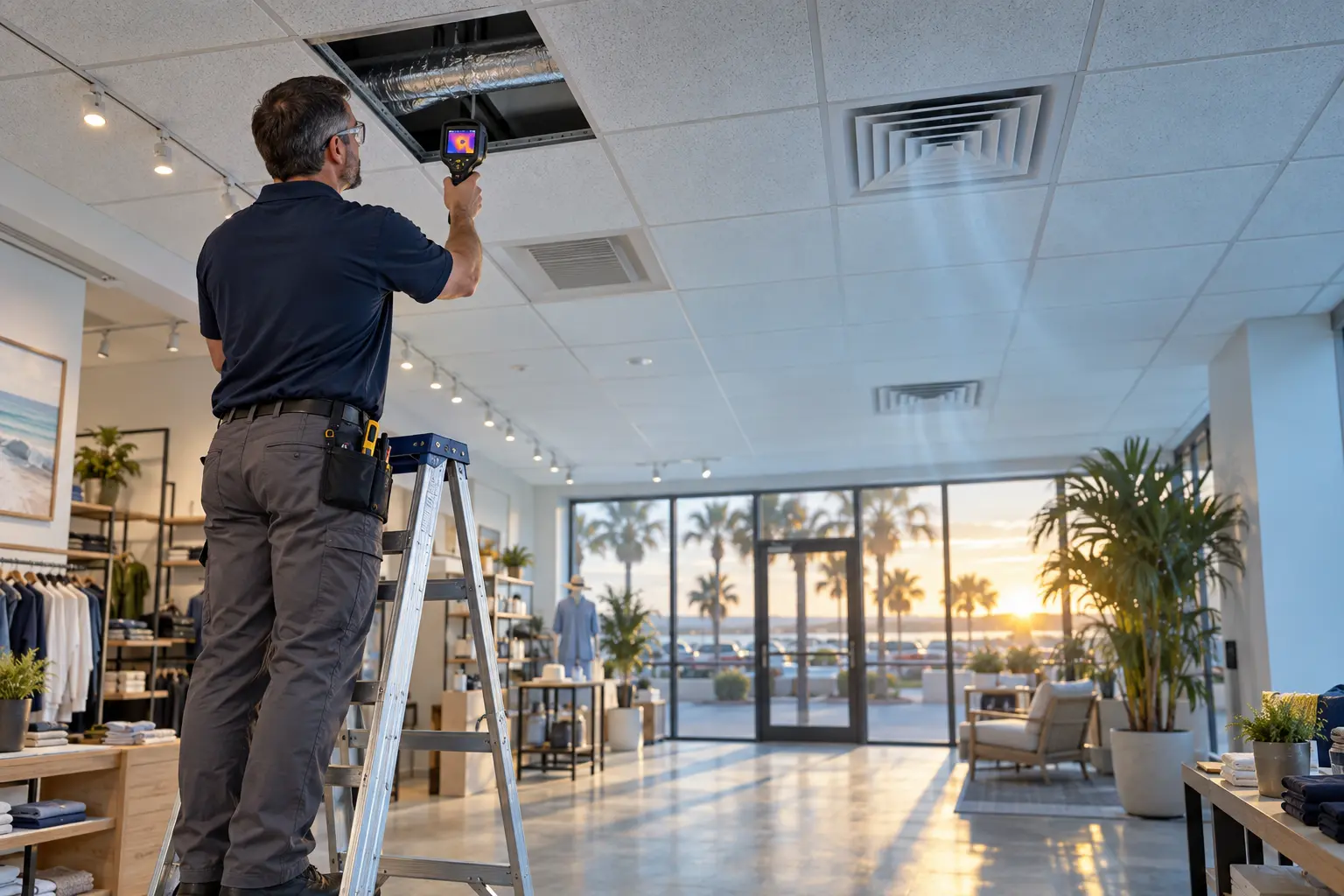 Commercial comfort specialist using thermal diagnostics in an unbranded retail space